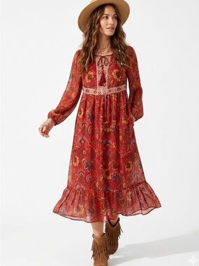 Frye & Co Boho Rust Floral Metallic Pintuck Midi Dress Cottagecore Peasant Sz XS